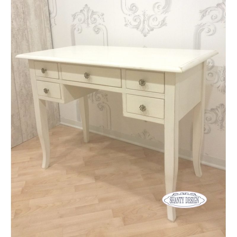 SCRIVANIA SCRITTOIO IN LEGNO SHABBY CHIC 5 CASSETTI BIANCA CON POLTRONCINA  PARIS