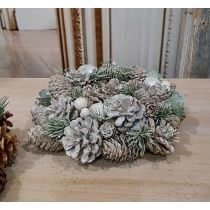 GHIRLANDA NATALIZIA CENTRO TAVOLA SHABBY CHIC CON PIGNE INNEVATA ROMA 1