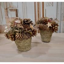 CENTRO TAVOLA NATALIZIO SHABBY  CON CESTINO IN YUTA E PIGNE COLOR ORO COUNTRY CHIC 