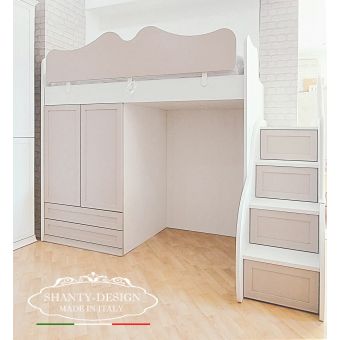 Cameretta Bambini a Ponte Shabby con Letto a Soppalco a ribalta e scaletta in legno Bianco